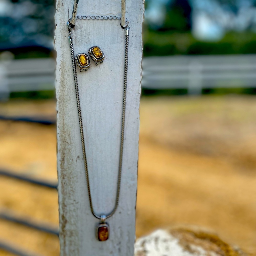 Silver rope and amber stone jewelry set necklace and earrings